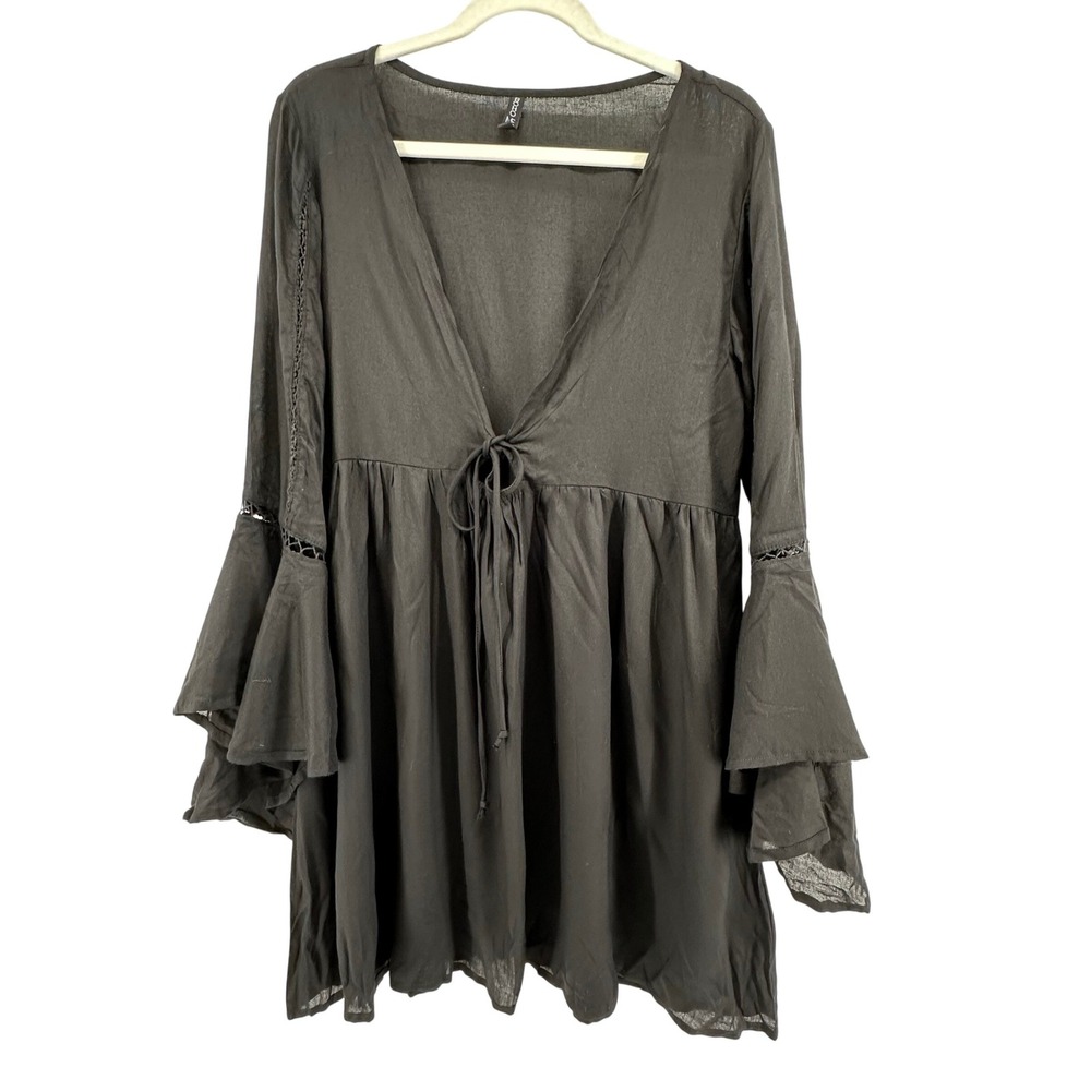 Boho Me Bell Sleeve Tunic Top Womens M Black Coverup Deep V Witchy Goth Peasant